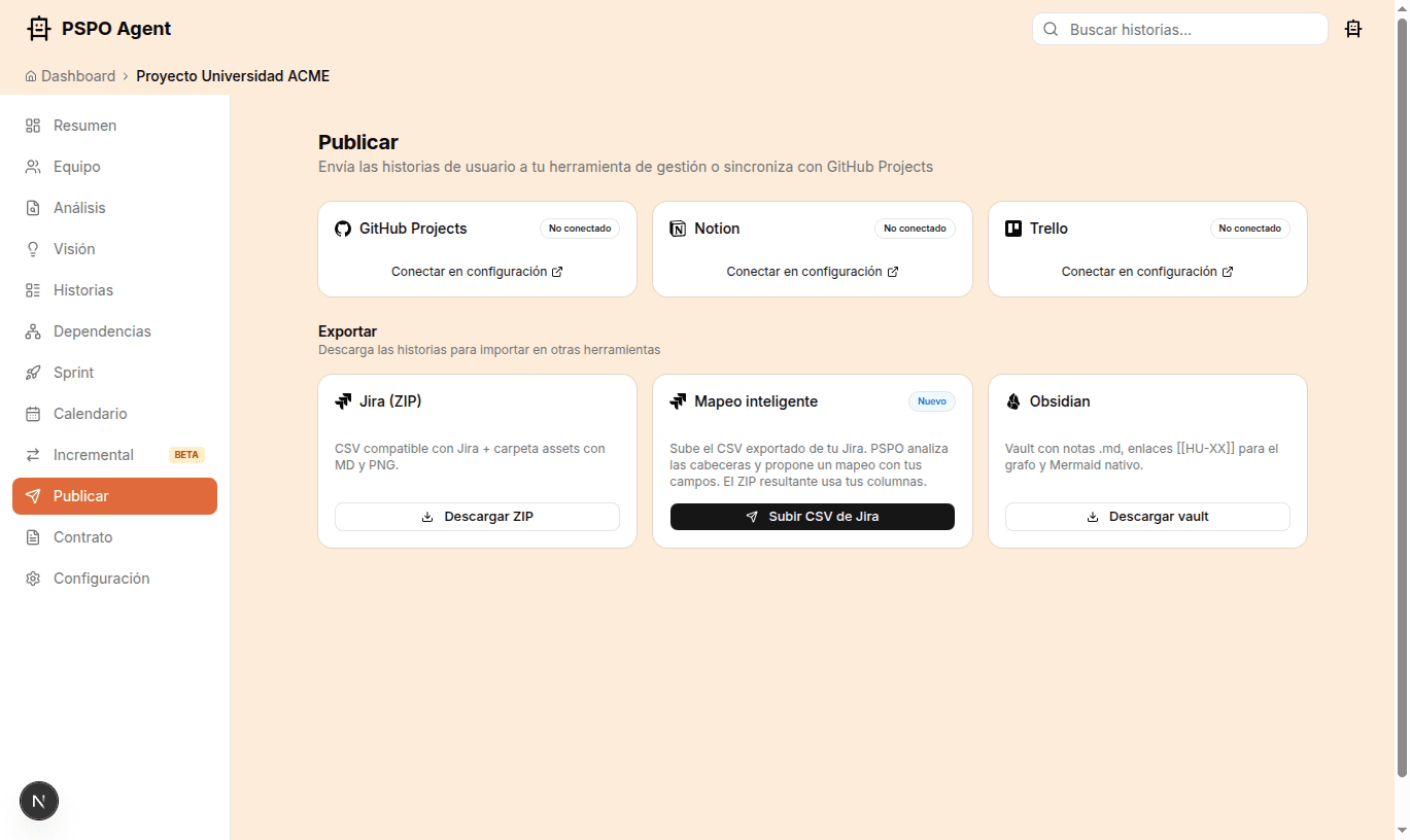 Publicar historias en GitHub, Notion, Trello y exportar a Jira/Obsidian