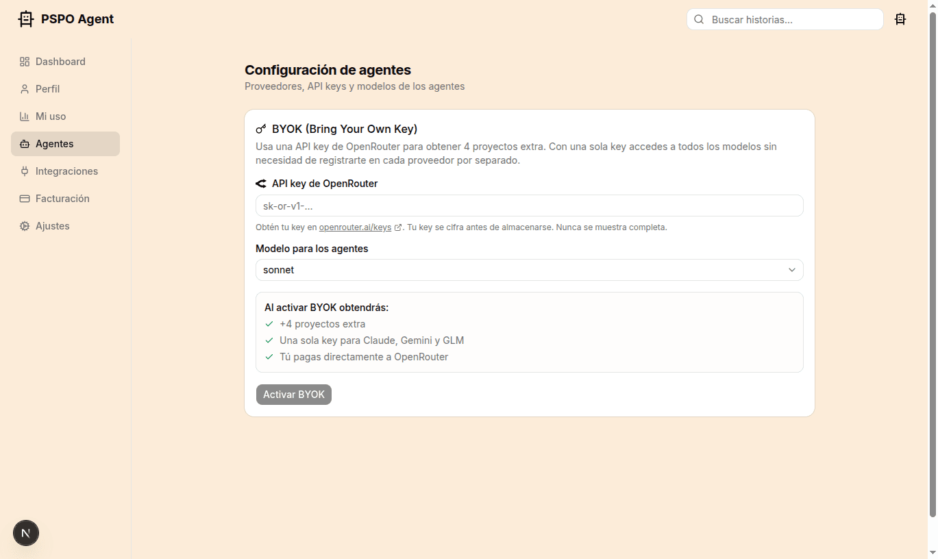 BYOK con OpenRouter y selector de modelo
